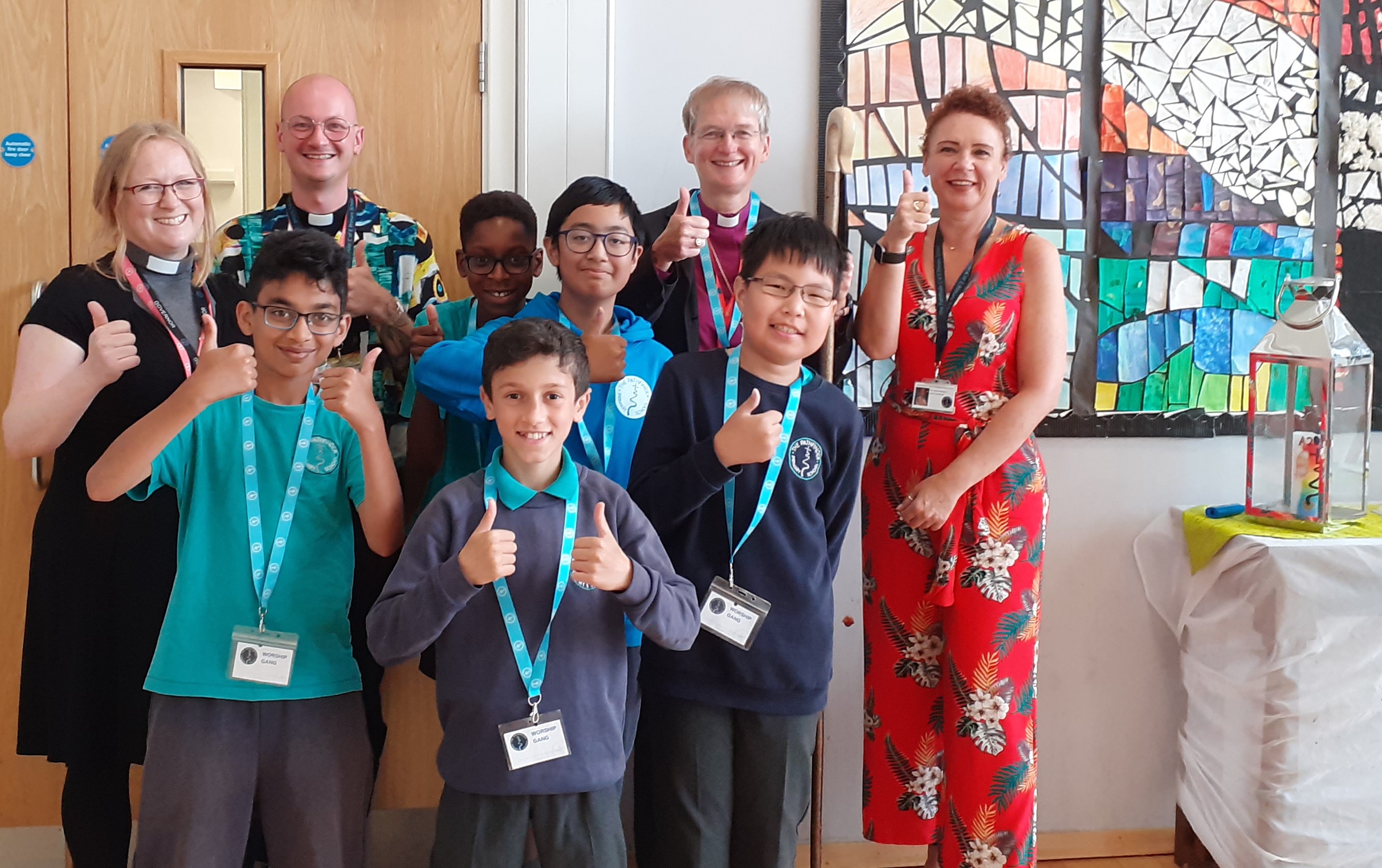 Bishop Dagmar pictured here with Revd Beth Cope, Revd Stephen Dove, Headteacher Claire Eskelson and some members of the Worship Gang.